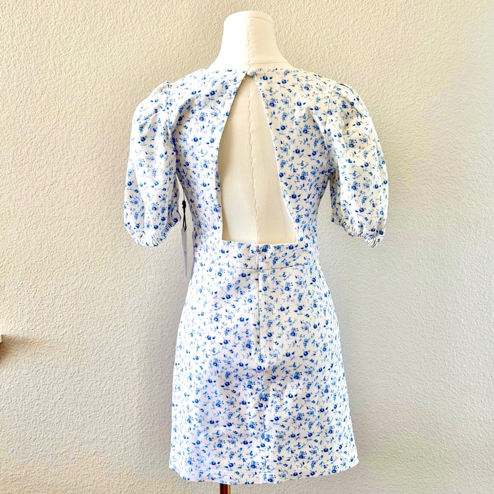 NWT Forever 21 Mini Dress Blue White Floral Puff Sleeve Open Back Cottagecore M - Picture 6 of 13